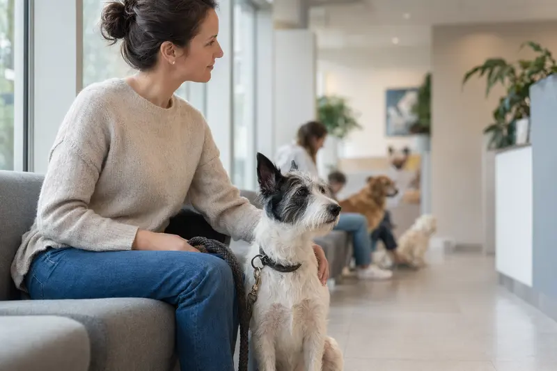 Ein Nippon-Terrier sitzt ruhig neben seinem Besitzer im hellen Wartezimmer einer Tierarztpraxis.